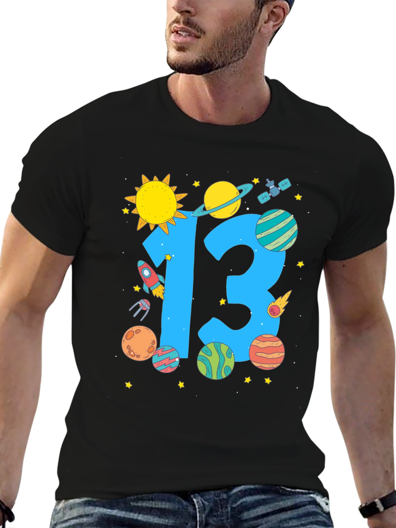 Camiseta Negra Cumpleaños Espacial Número 13