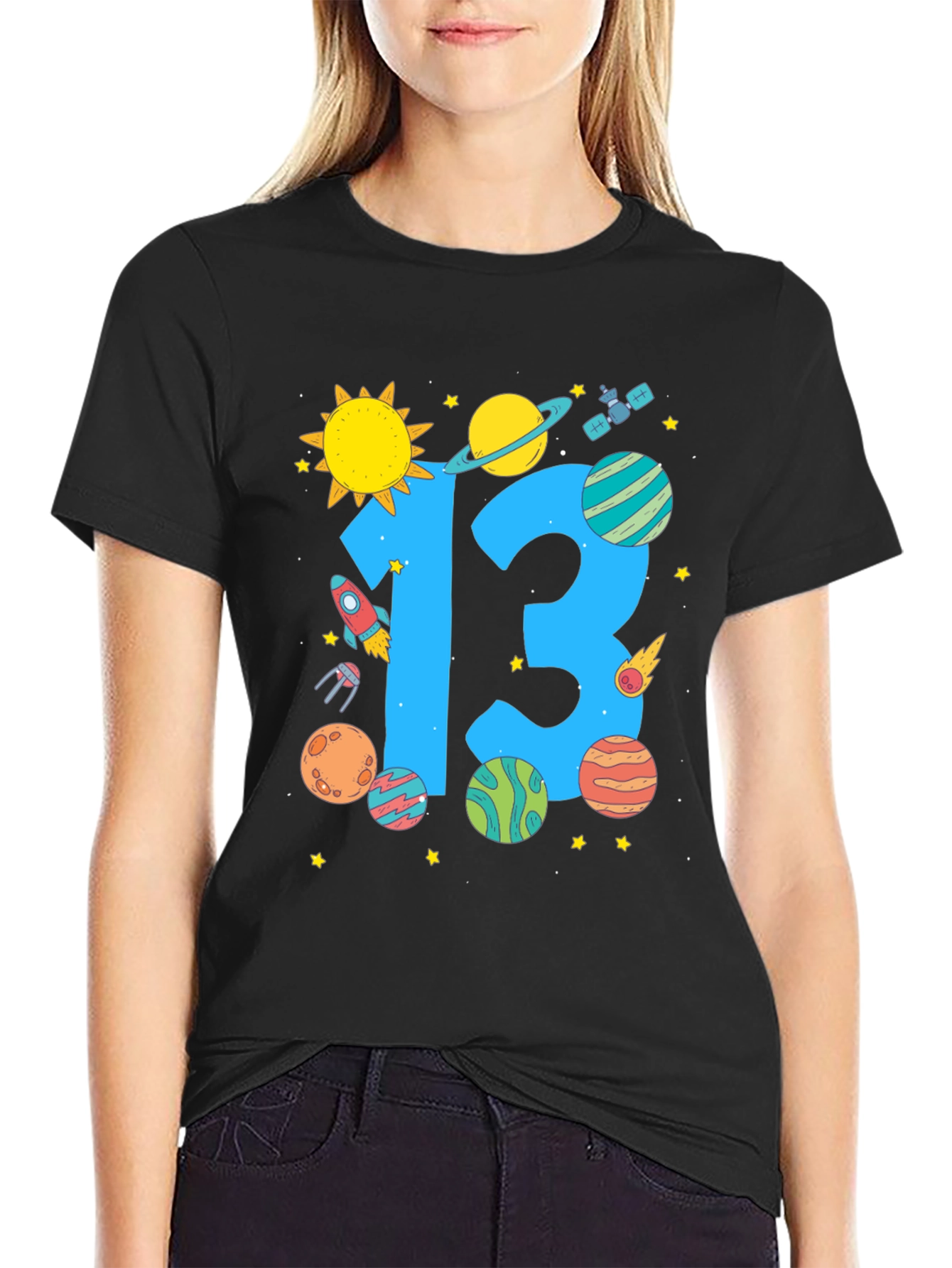 Camiseta Negra Cumpleaños Espacial Número 13