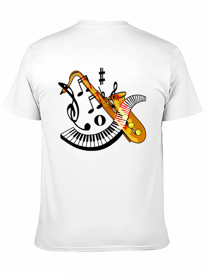 Camiseta Negra con Diseño de Saxofón y Teclado