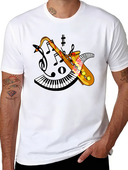 Camiseta Negra con Diseño de Saxofón y Teclado
