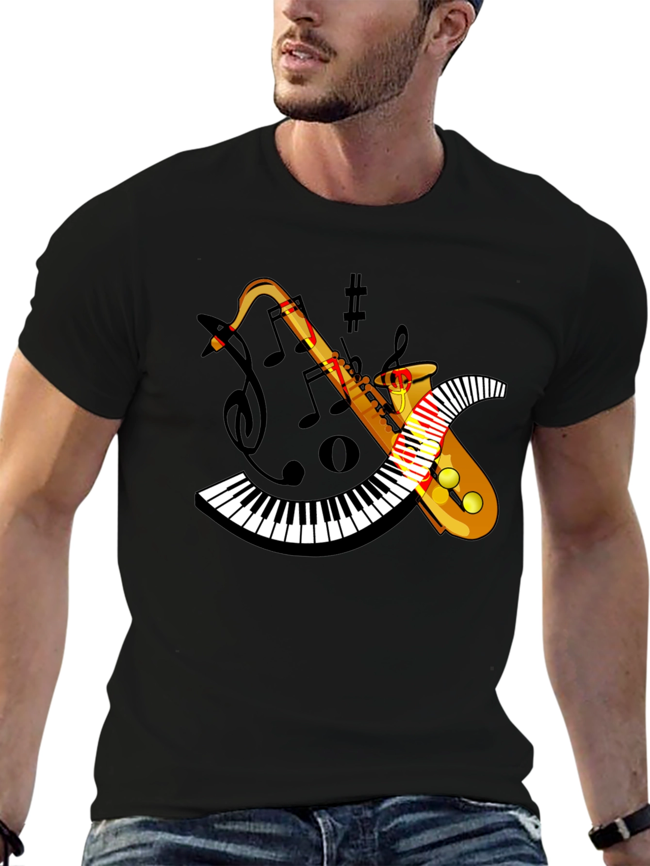 Camiseta Negra con Diseño de Saxofón y Teclado