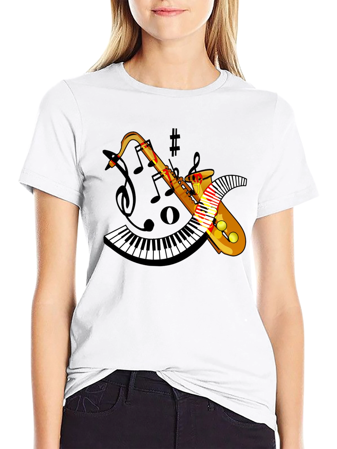 Camiseta Negra con Diseño de Saxofón y Teclado