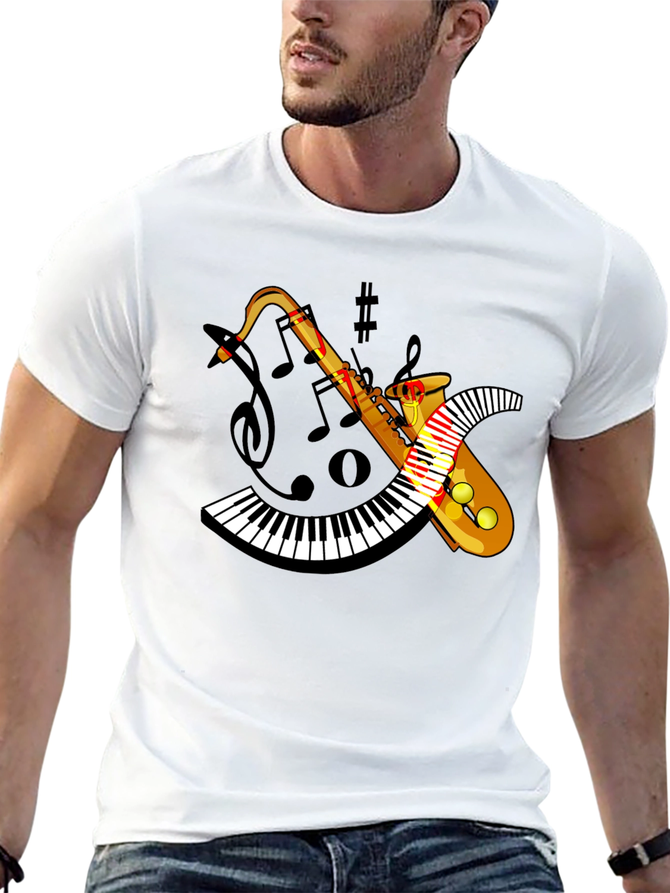 Camiseta Negra con Diseño de Saxofón y Teclado