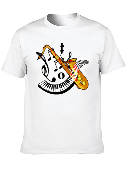 Camiseta Negra con Diseño de Saxofón y Teclado