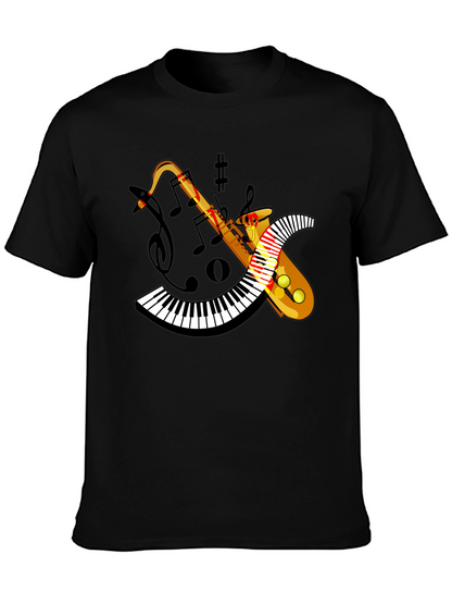 Camiseta Negra con Diseño de Saxofón y Teclado