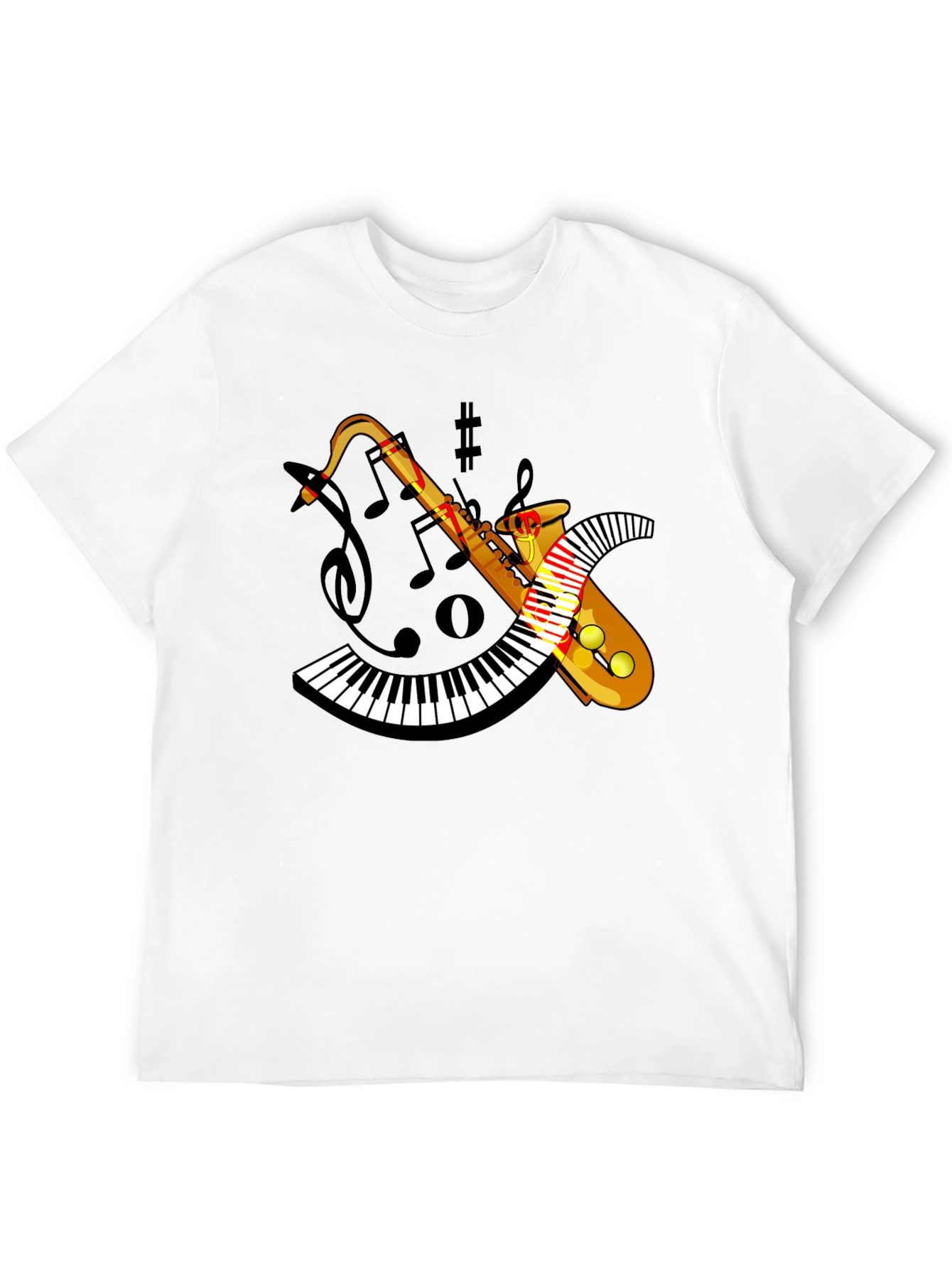Camiseta Negra con Diseño de Saxofón y Teclado