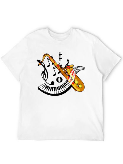 Camiseta Negra con Diseño de Saxofón y Teclado