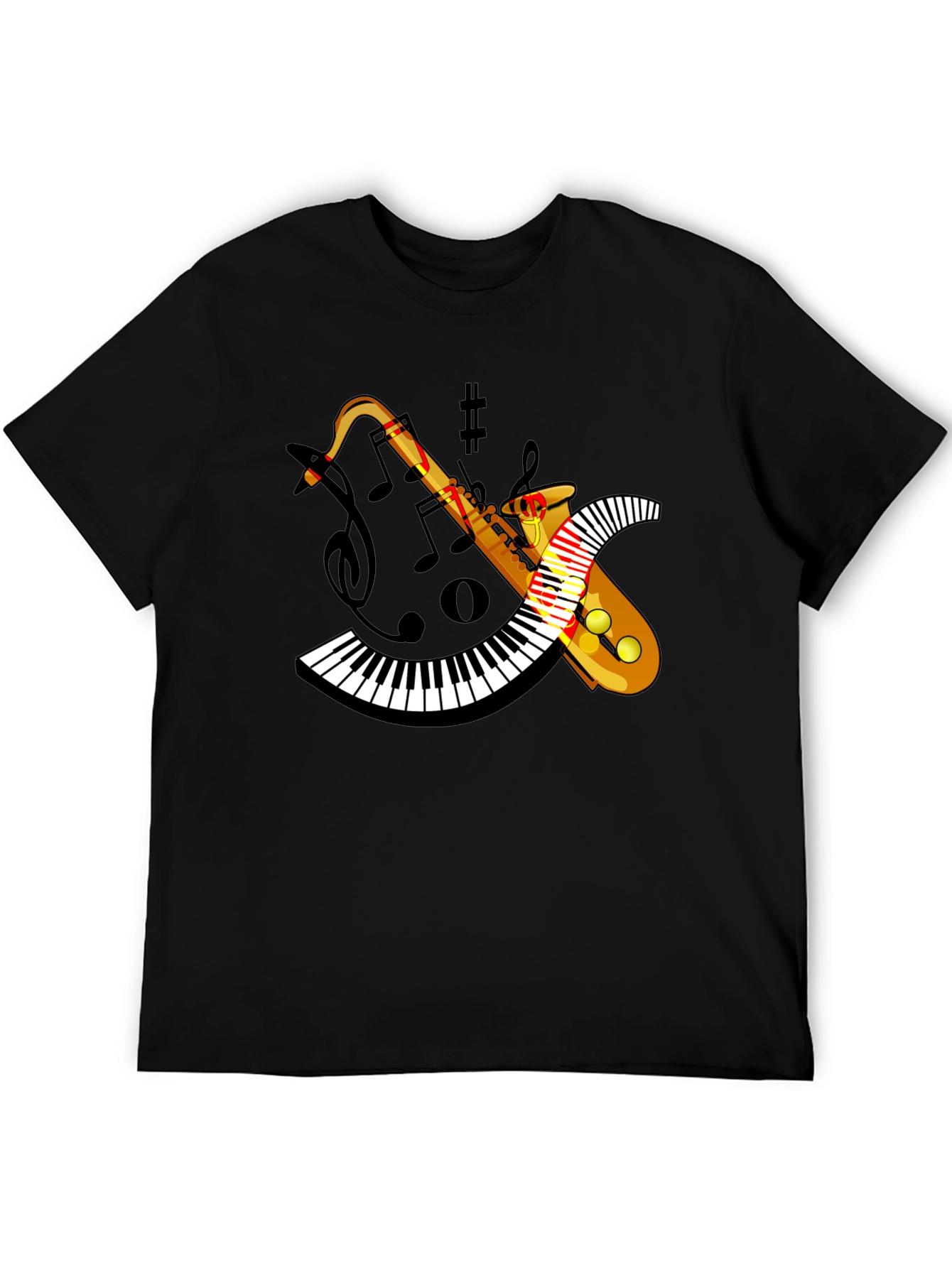 Camiseta Negra con Diseño de Saxofón y Teclado