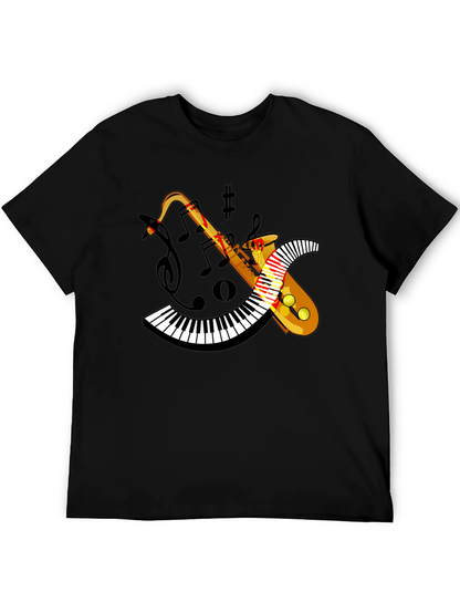 Camiseta Negra con Diseño de Saxofón y Teclado