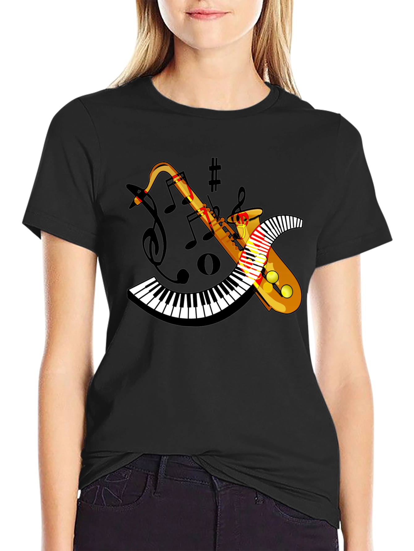 Camiseta Negra con Diseño de Saxofón y Teclado
