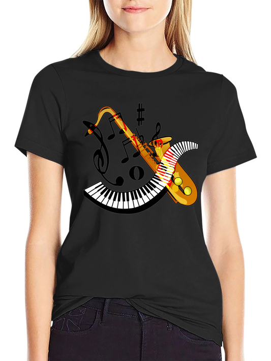 Camiseta Negra con Diseño de Saxofón y Teclado