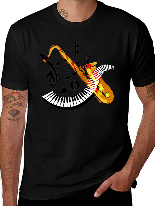 Camiseta Negra con Diseño de Saxofón y Teclado