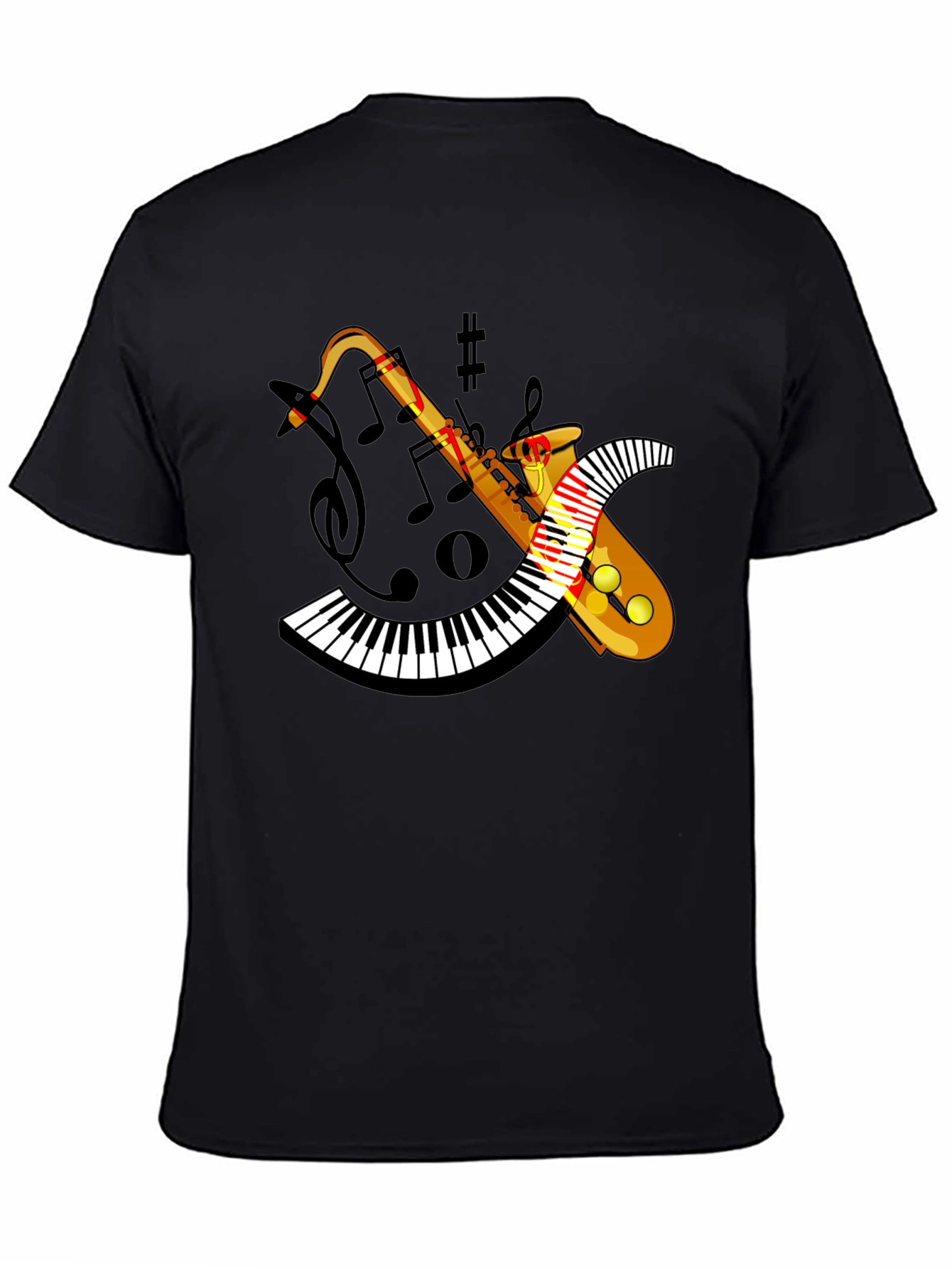 Camiseta Negra con Diseño de Saxofón y Teclado