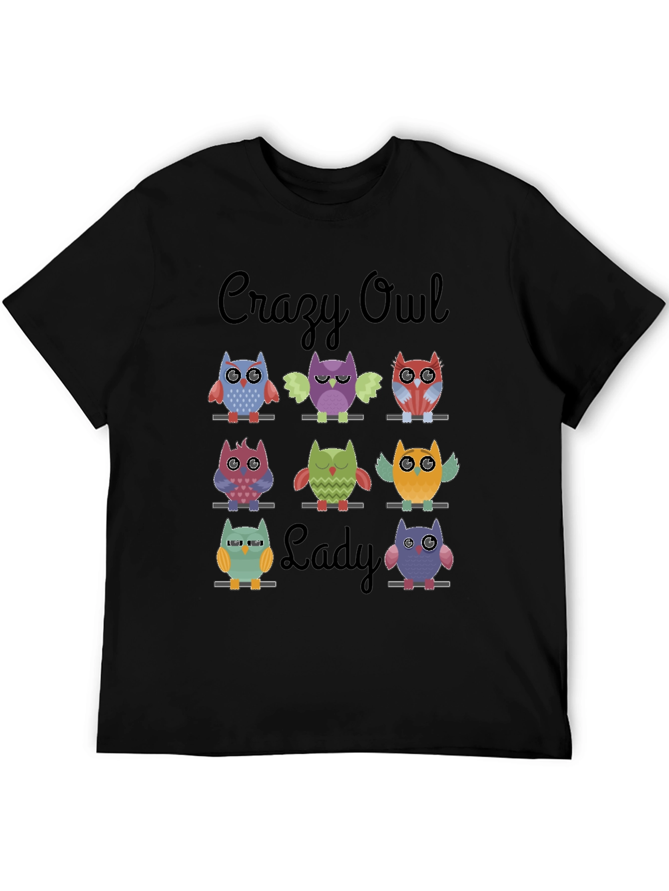 Camiseta Negra Crazy Owl Lady con Diseño de Búhos