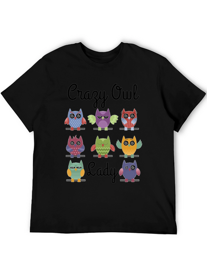Camiseta Negra Crazy Owl Lady con Diseño de Búhos