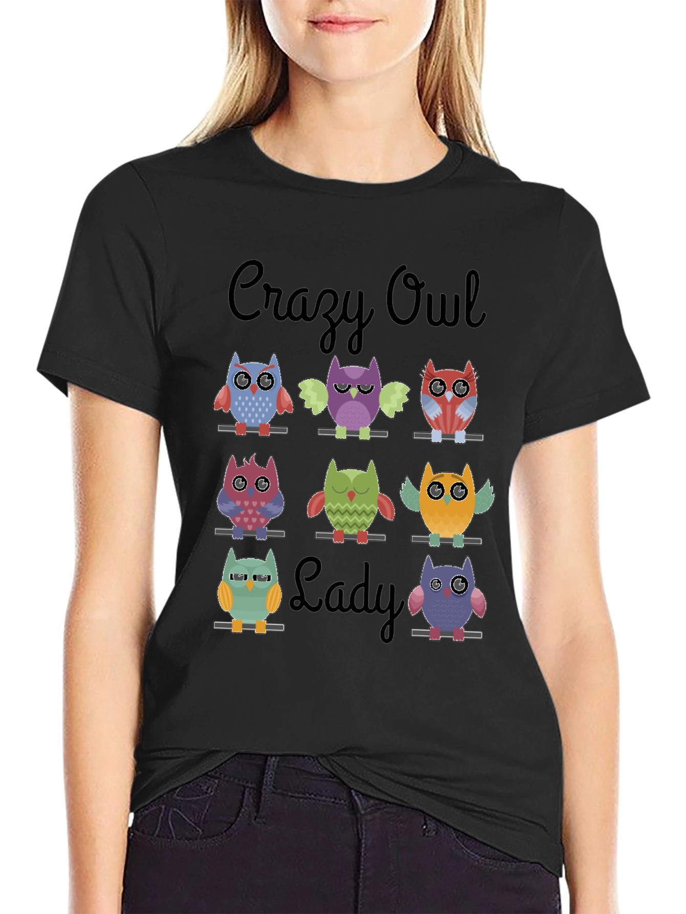 Camiseta Negra Crazy Owl Lady con Diseño de Búhos