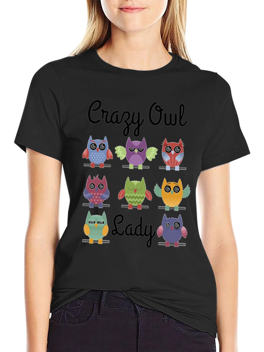 Camiseta Negra Crazy Owl Lady con Diseño de Búhos
