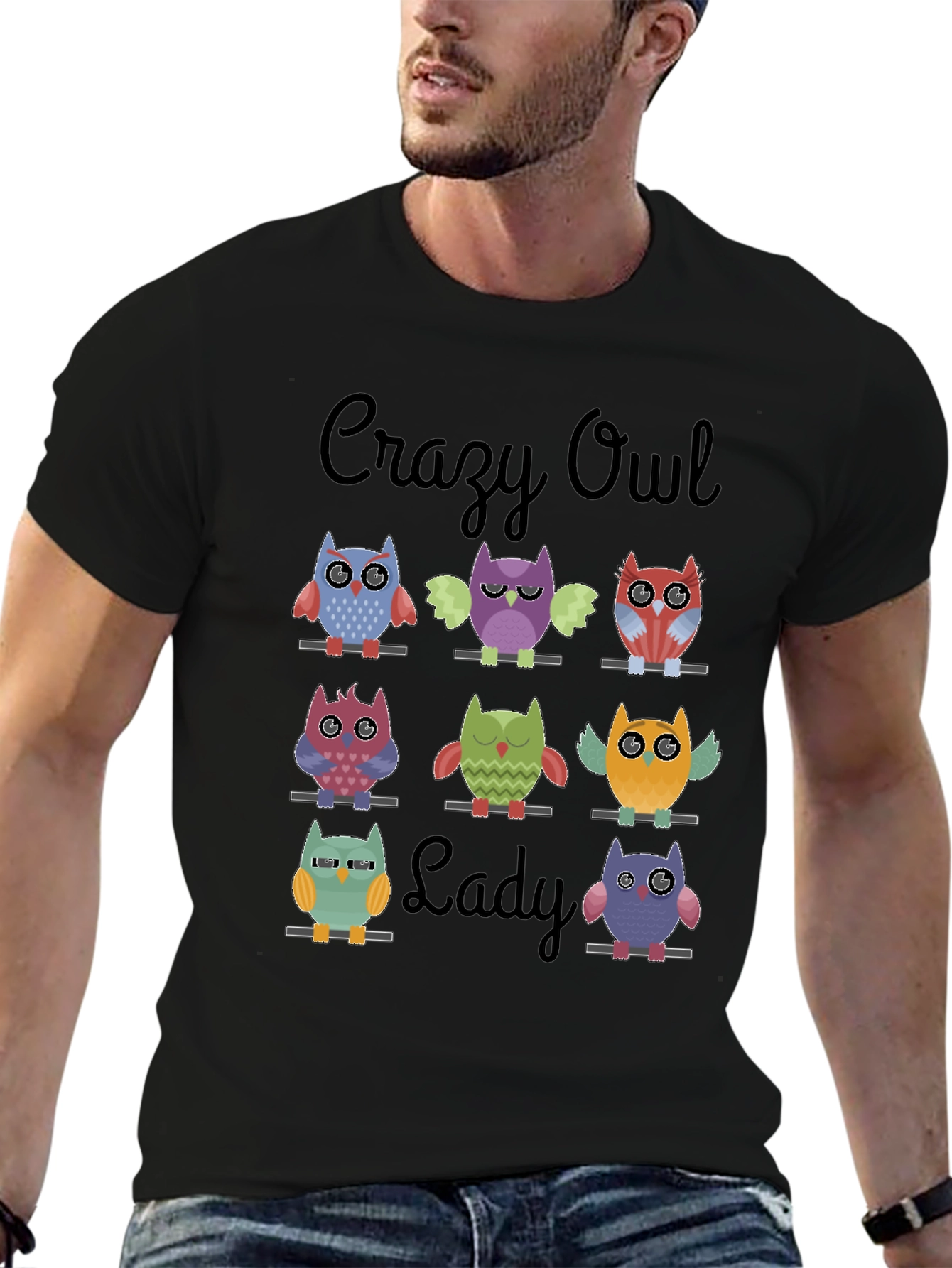 Camiseta Negra Crazy Owl Lady con Diseño de Búhos