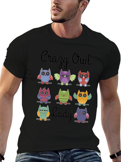 Camiseta Negra Crazy Owl Lady con Diseño de Búhos