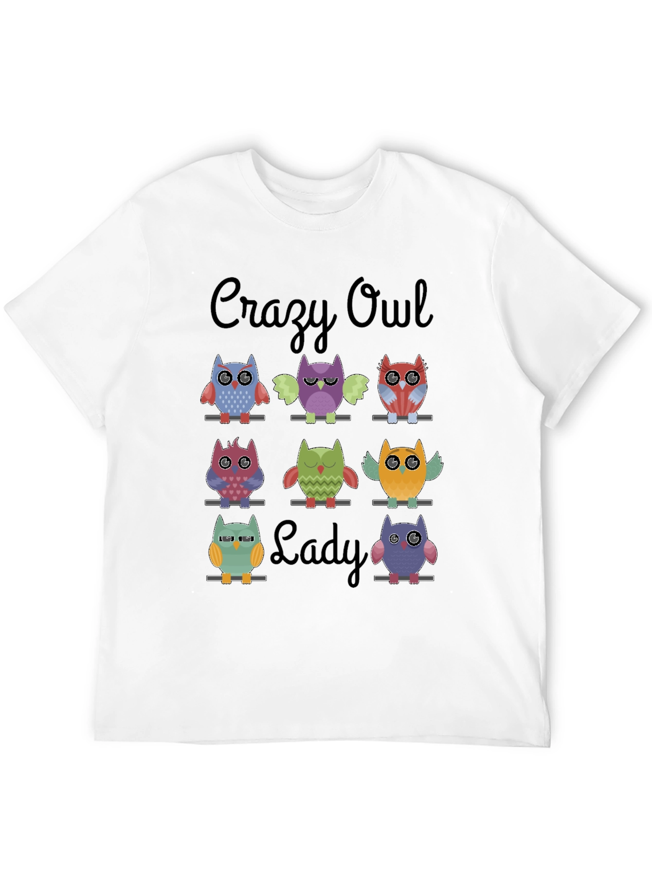 Camiseta Negra Crazy Owl Lady con Diseño de Búhos