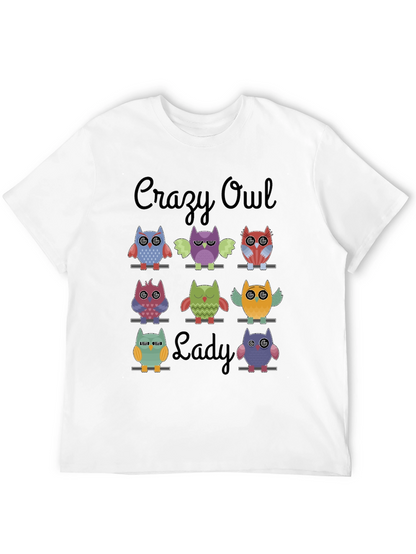 Camiseta Negra Crazy Owl Lady con Diseño de Búhos