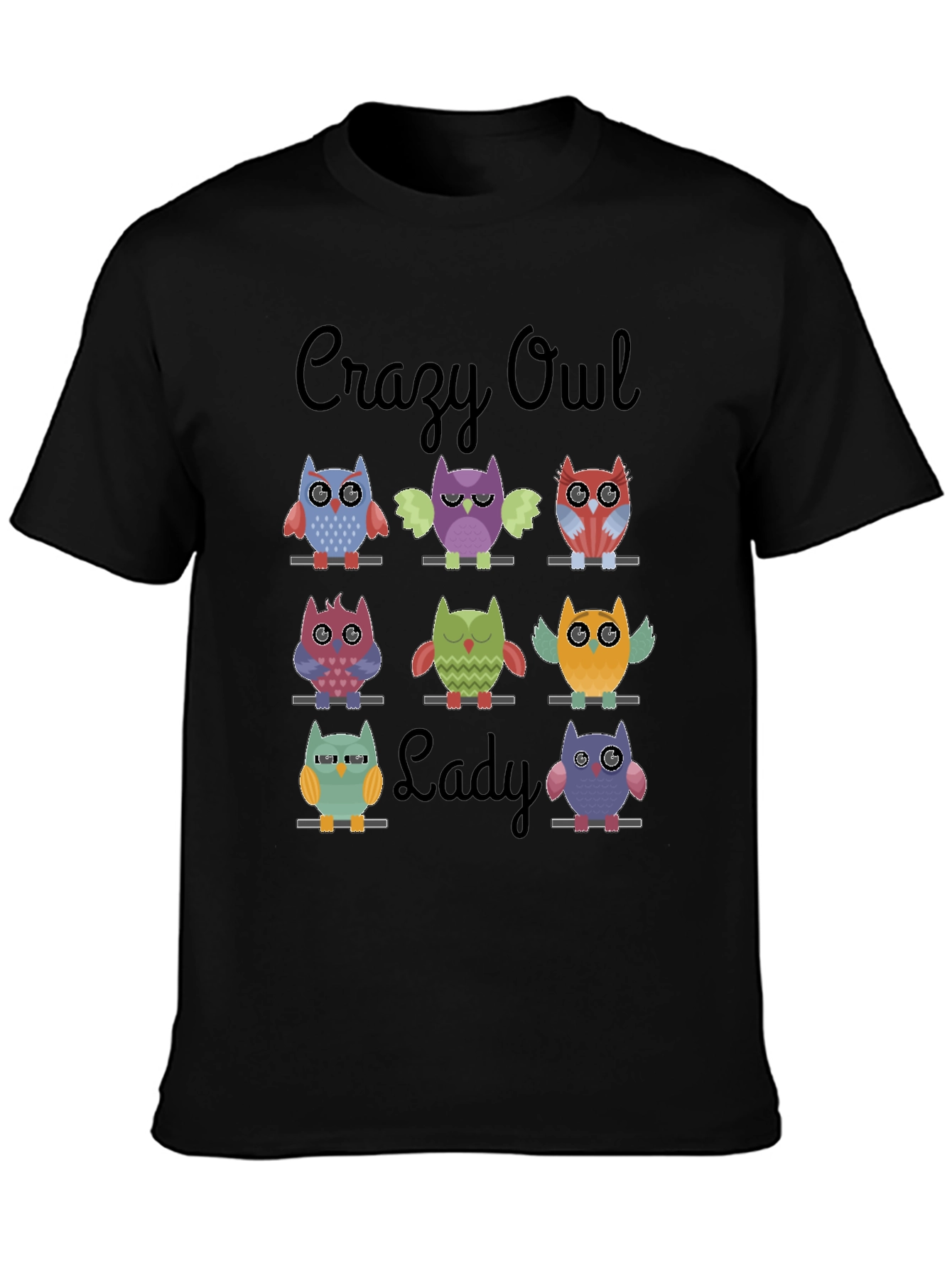 Camiseta Negra Crazy Owl Lady con Diseño de Búhos