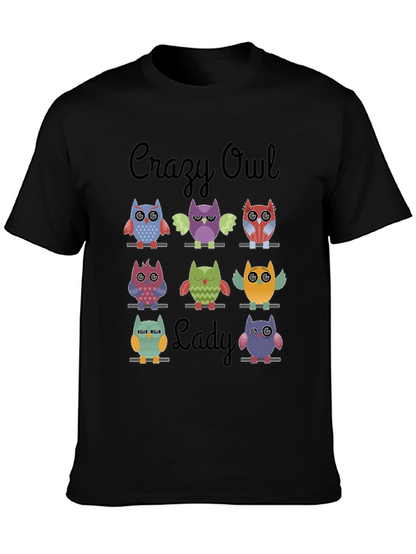 Camiseta Negra Crazy Owl Lady con Diseño de Búhos