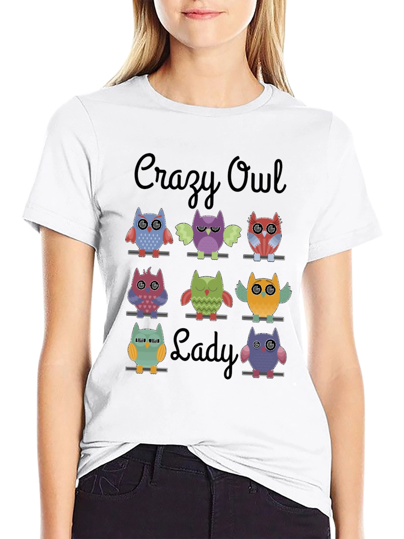 Camiseta Negra Crazy Owl Lady con Diseño de Búhos