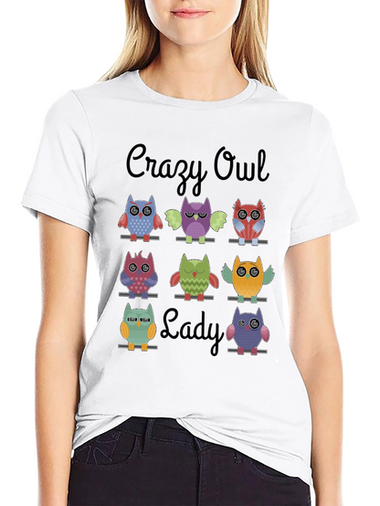 Camiseta Negra Crazy Owl Lady con Diseño de Búhos