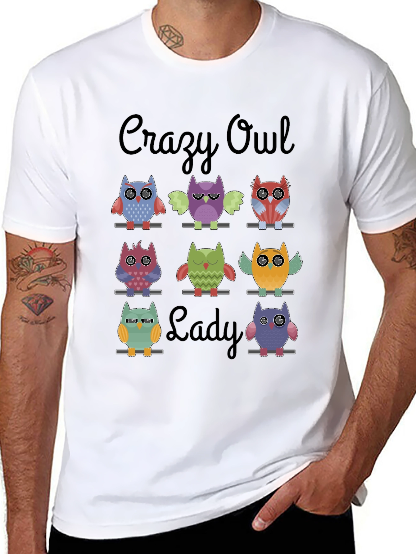 Camiseta Negra Crazy Owl Lady con Diseño de Búhos