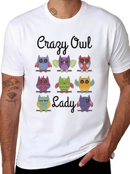 Camiseta Negra Crazy Owl Lady con Diseño de Búhos