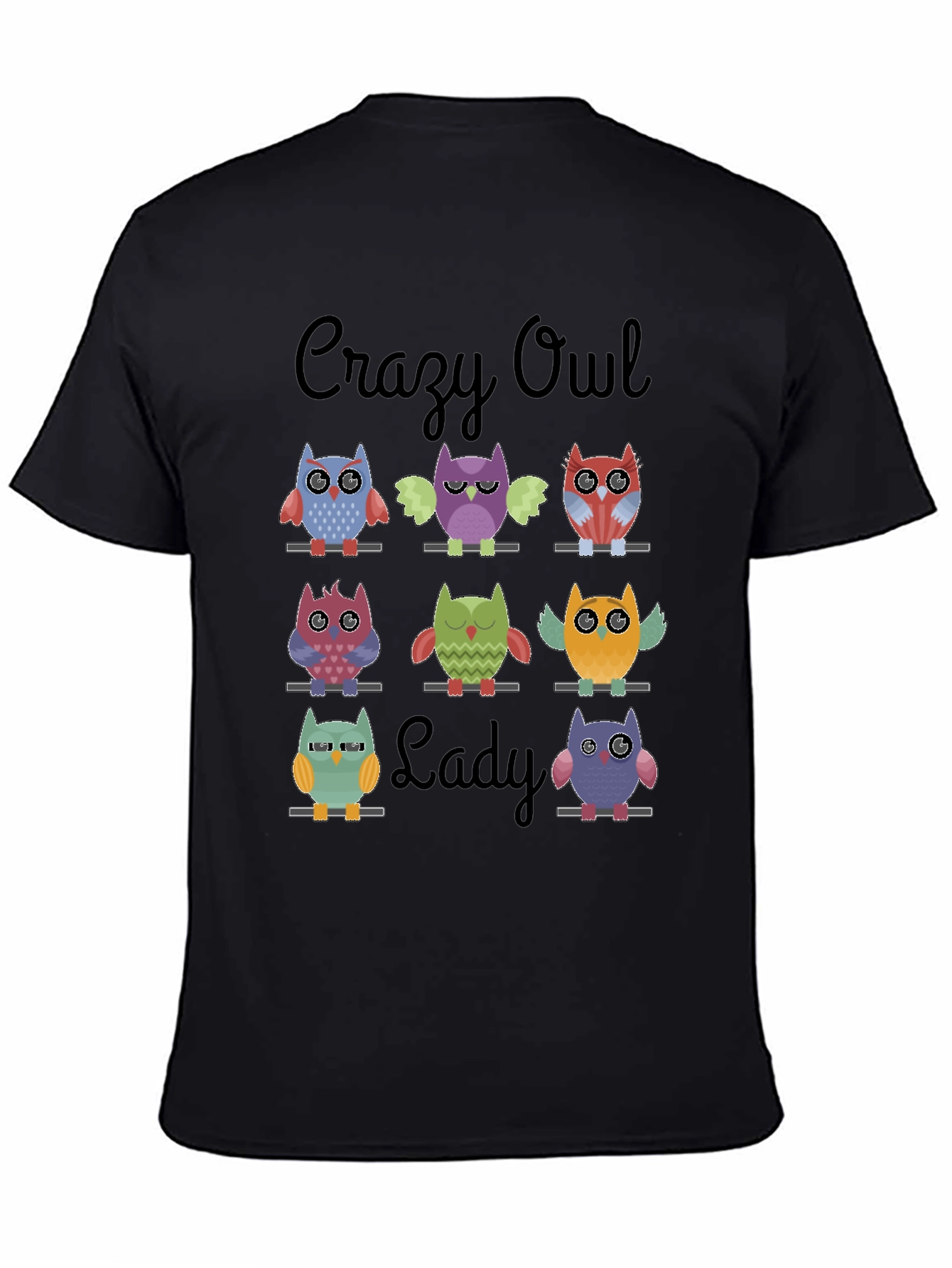 Camiseta Negra Crazy Owl Lady con Diseño de Búhos
