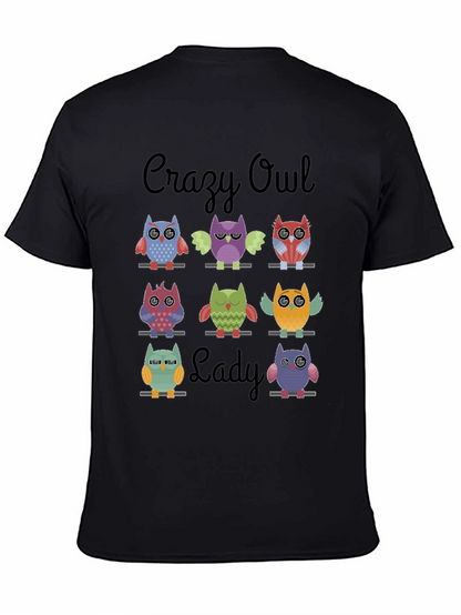 Camiseta Negra Crazy Owl Lady con Diseño de Búhos