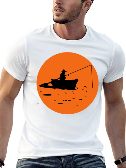 Camiseta Negra Estampado Pescador Atardecer Naranja