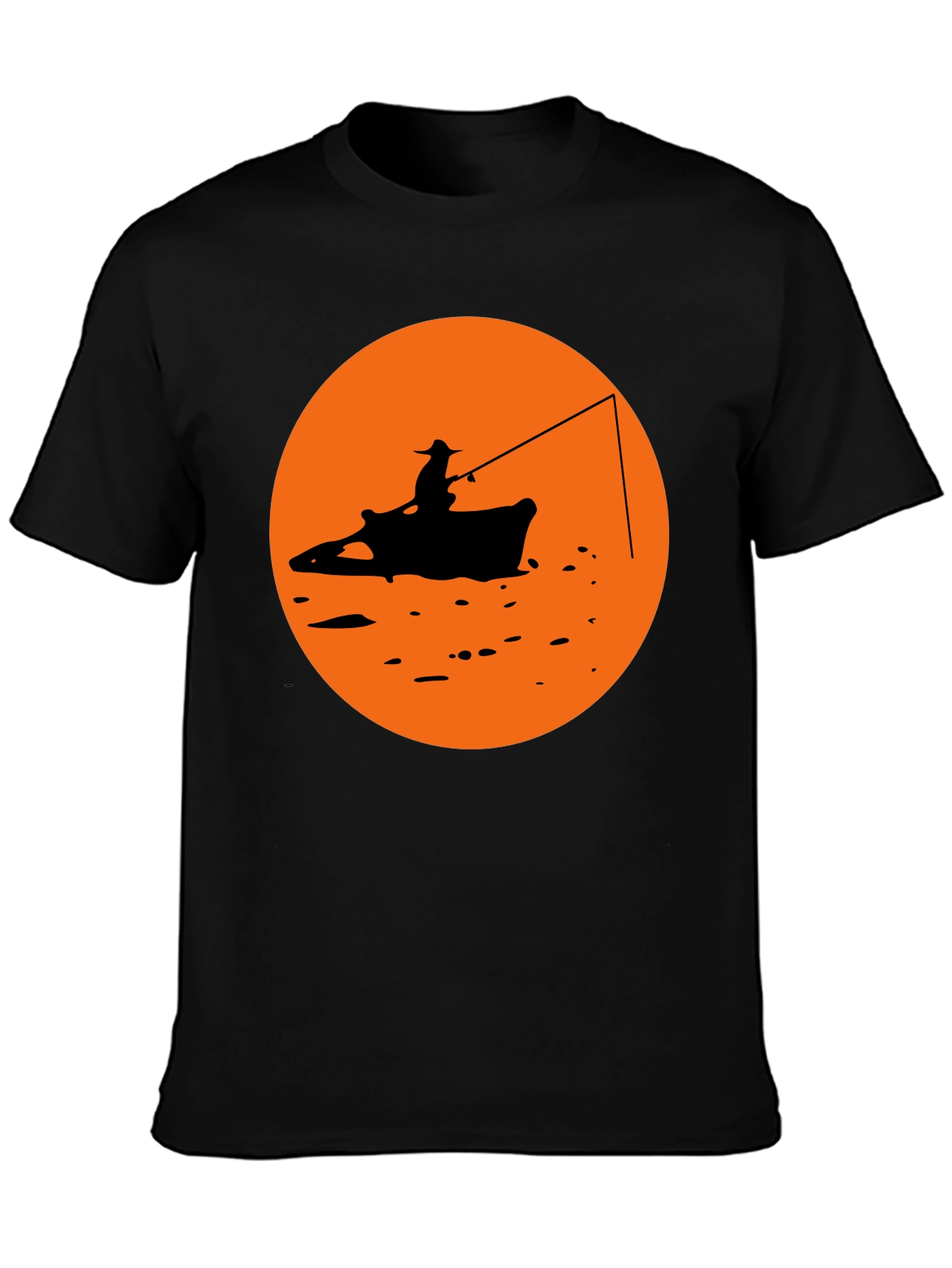 Camiseta Negra Estampado Pescador Atardecer Naranja
