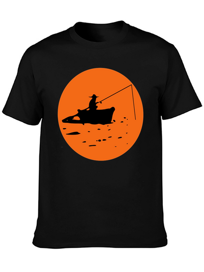 Camiseta Negra Estampado Pescador Atardecer Naranja
