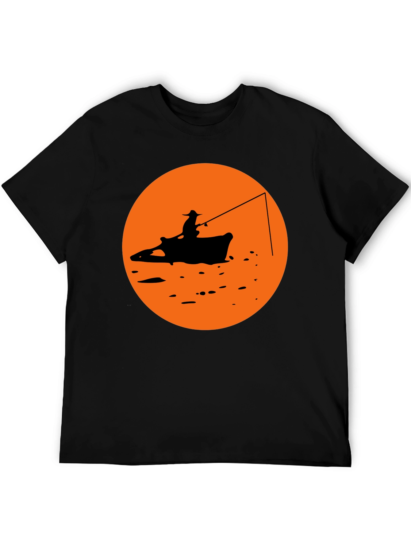 Camiseta Negra Estampado Pescador Atardecer Naranja
