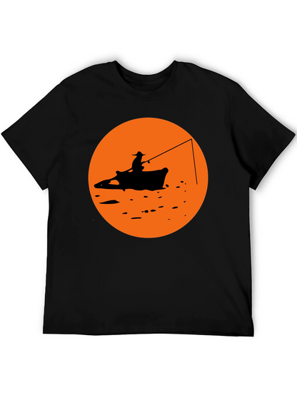 Camiseta Negra Estampado Pescador Atardecer Naranja