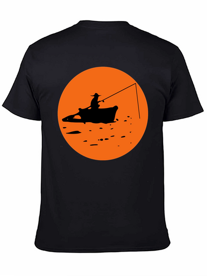 Camiseta Negra Estampado Pescador Atardecer Naranja