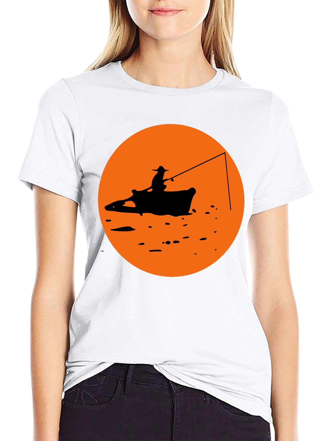 Camiseta Negra Estampado Pescador Atardecer Naranja
