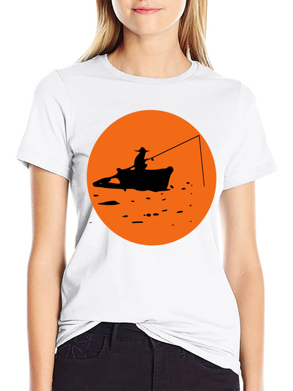 Camiseta Negra Estampado Pescador Atardecer Naranja