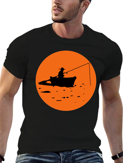 Camiseta Negra Estampado Pescador Atardecer Naranja