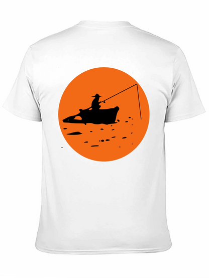 Camiseta Negra Estampado Pescador Atardecer Naranja
