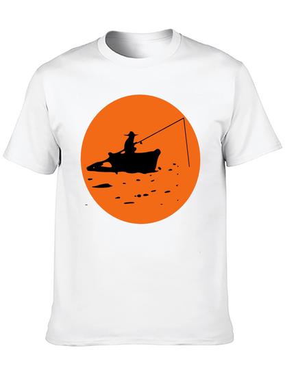 Camiseta Negra Estampado Pescador Atardecer Naranja