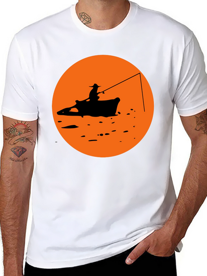 Camiseta Negra Estampado Pescador Atardecer Naranja