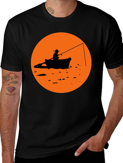 Camiseta Negra Estampado Pescador Atardecer Naranja