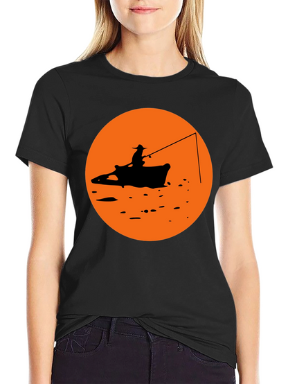 Camiseta Negra Estampado Pescador Atardecer Naranja