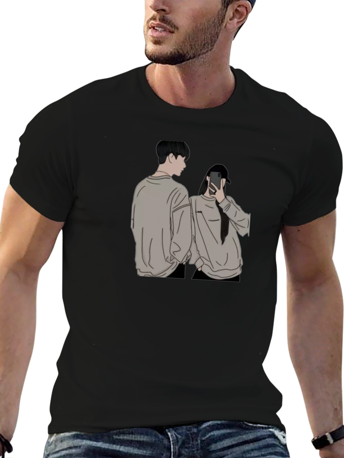 Camiseta Negra Unisex con Diseño Abstracto de Pareja