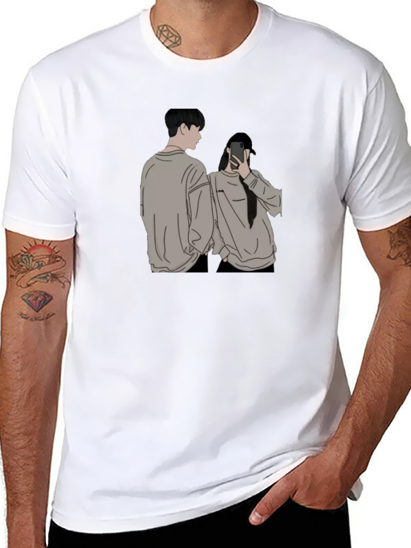 Camiseta Negra Unisex con Diseño Abstracto de Pareja