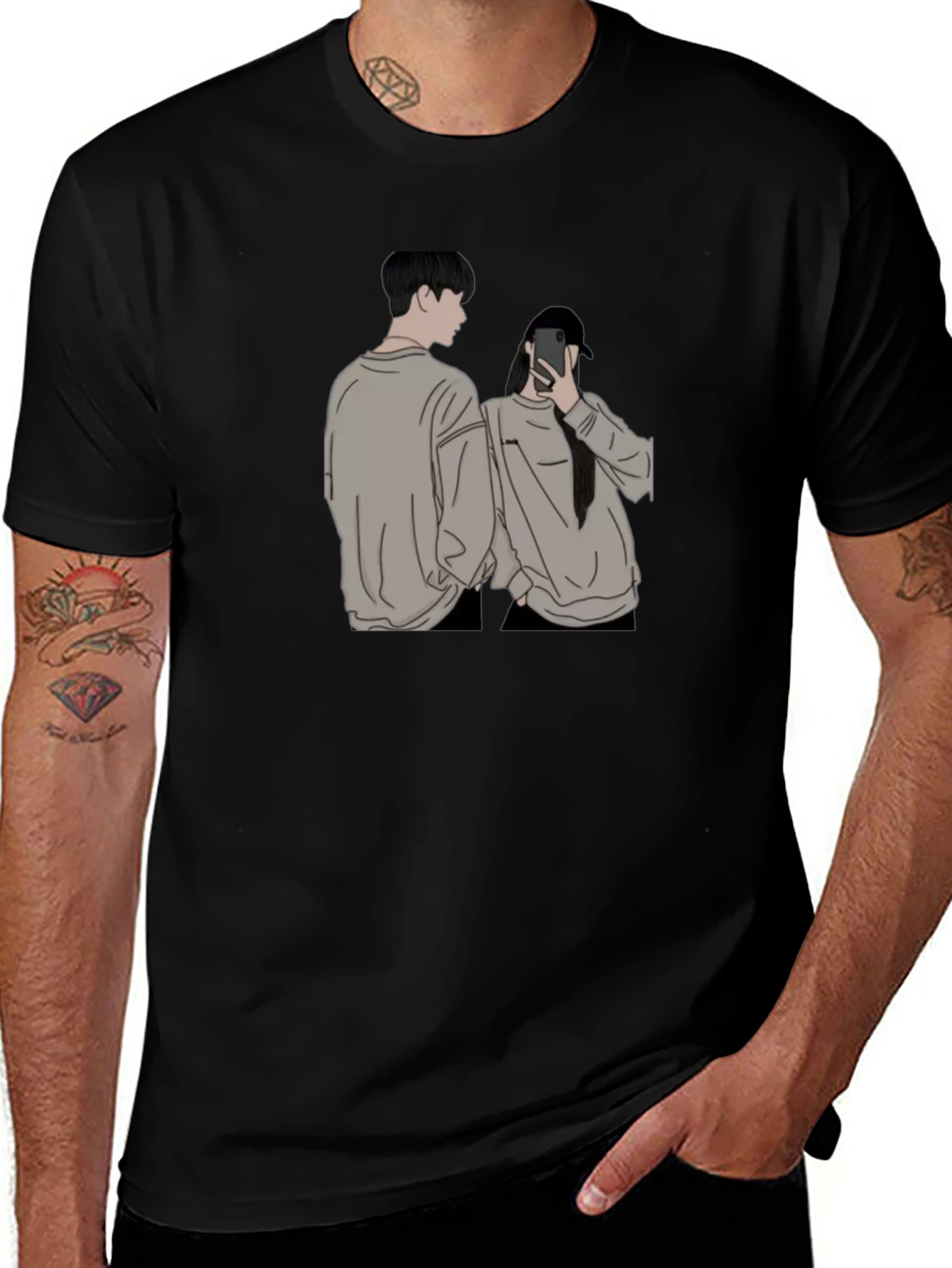 Camiseta Negra Unisex con Diseño Abstracto de Pareja